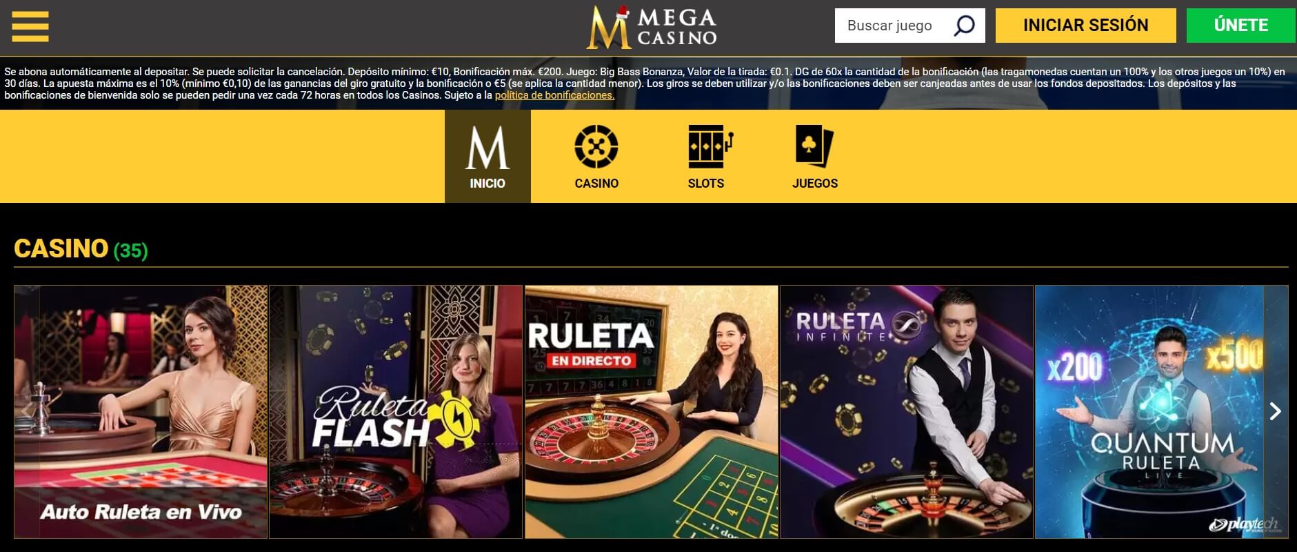 Variedad de juegos de Megacasino
